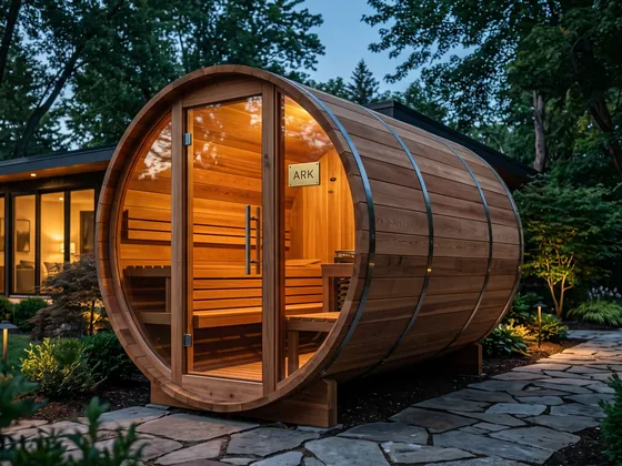 ARK Barrel Sauna for four to six in natural cedar, lit at dusk on a stone path beside a house