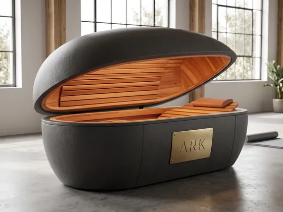 ARK Sauna Capsule, a dark lie-down infrared capsule with its lid open, a wood interior and a gold ARK plaque, in a bright studio