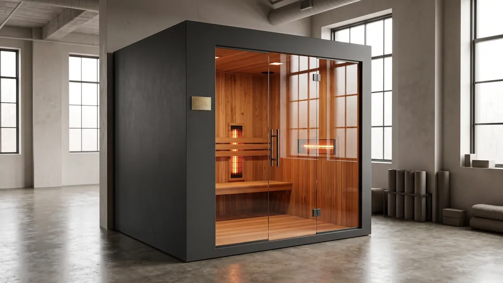 ARK Studio Room in black, a walk-in sauna room with a glass front in a bright loft